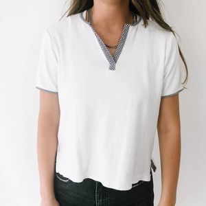 Vintage Textured White & Check Print Top